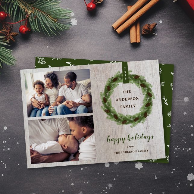 Farmhouse Pine Wreath Happy Holidays 2 Photo Holiday Card (Creator Uploaded)