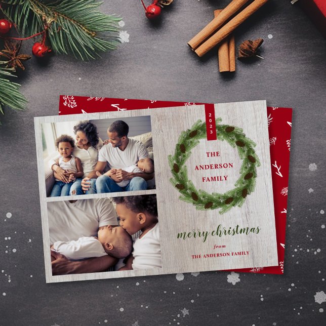 Farmhouse Pine Wreath Merry Christmas 2 Photo Holiday Card (Creator Uploaded)