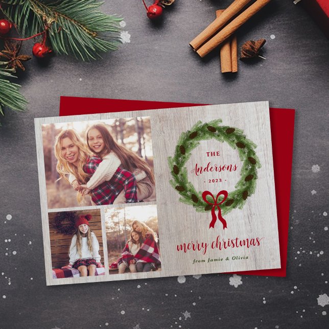 Farmhouse Pine Wreath Merry Christmas 3 Photo Holiday Card (Creator Uploaded)