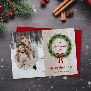 Farmhouse Pine Wreath Merry Christmas Photo Holiday Card