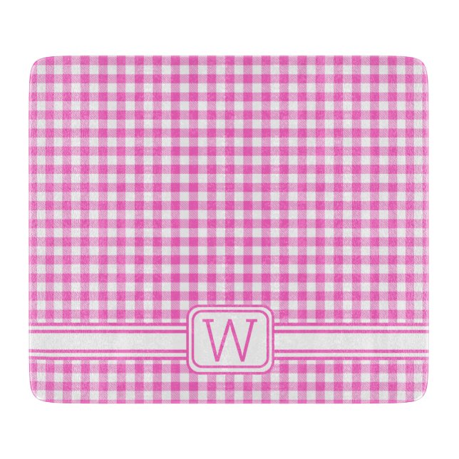 Farmhouse Pink and White Gingham Plaid Monogram Cutting Board (Front)