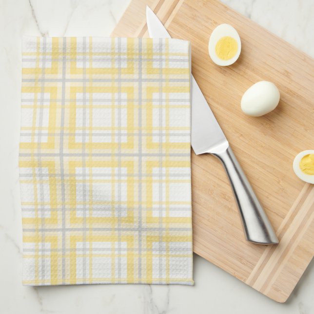 Farmhouse Plaid, Butter Yellow, Grey, Cream Tea Towel (Quarter Fold)