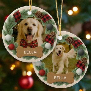 Farmhouse Plaid Dog Name Photo Holiday Christmas Ceramic Ornament