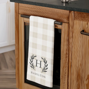 Farmhouse Plaid Laurel Monogram & Name Tea Towel