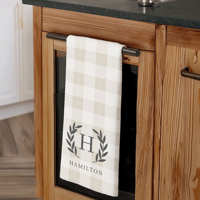 Farmhouse Plaid Laurel Monogram & Name Tea Towel (Creator Uploaded)