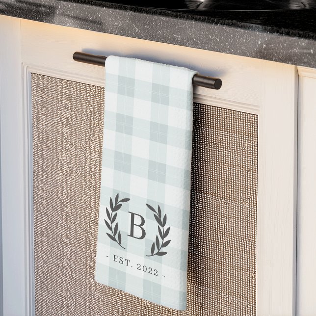 Farmhouse Plaid Laurel Monogram & Year Established Tea Towel (Creator Uploaded)