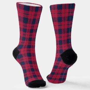 Farmhouse plaid navy blue red hand drawn country socks