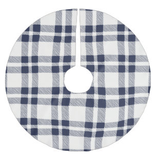 Farmhouse plaid navy off white hand drawn country brushed polyester tree skirt