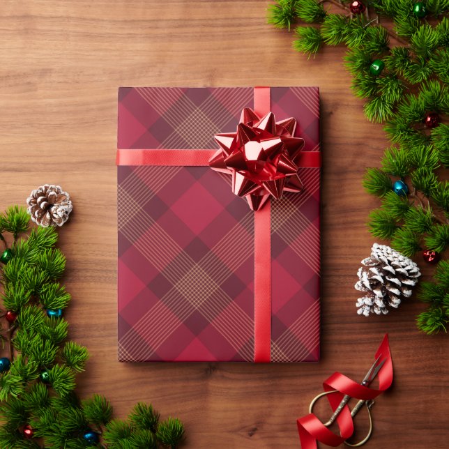 Farmhouse plaid red wine gold diagonal pattern  wrapping paper (Holiday Gift)