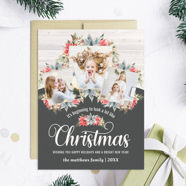 Farmhouse Poinsettia 3 Photo Collage Magnetic Card (Creator Uploaded)