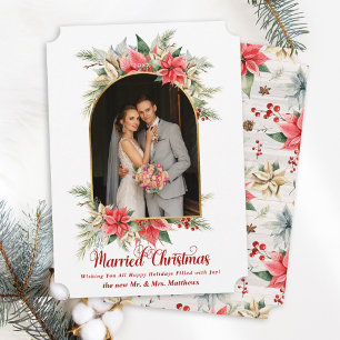 Farmhouse Poinsettia Arched Wedding Photography Holiday Card