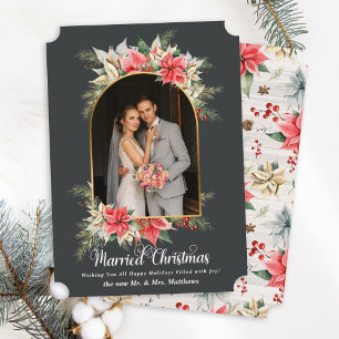 Farmhouse Poinsettia Arched Wedding Photography Holiday Card