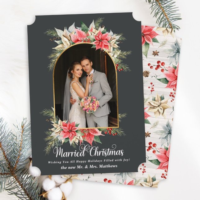 Farmhouse Poinsettia Arched Wedding Photography Holiday Card (Creator Uploaded)