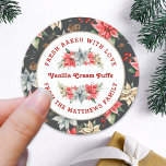 Farmhouse Poinsettia Baked with Love Christmas Classic Round Sticker<br><div class="desc">From the Farmhouse Poinsettia Christmas & Holiday Collection: Farmhouse Poinsettia Baked with Love Holiday, with Beautiful Curved Typography and Personalised Food Name and Text. Easily customise text for this pretty Christmas label Template. In 4 different colorway options, this option features a black background colour, and pretty watercolor poinsettia and greenery...</div>