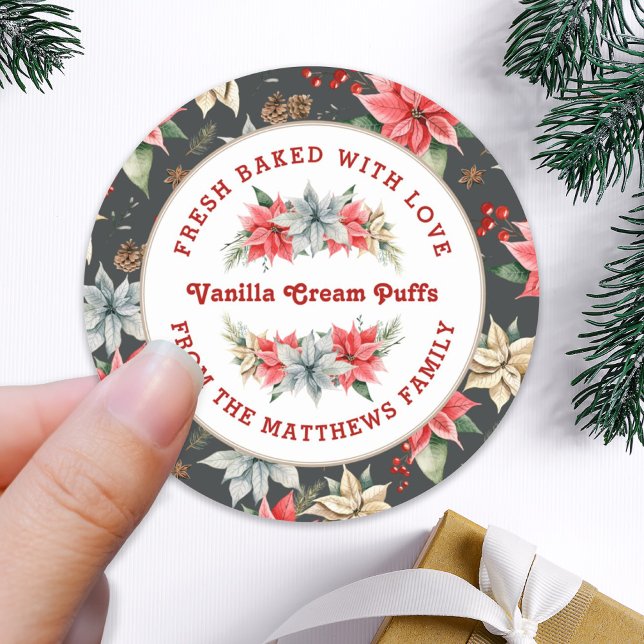 Farmhouse Poinsettia Baked with Love Christmas Classic Round Sticker (Creator Uploaded)