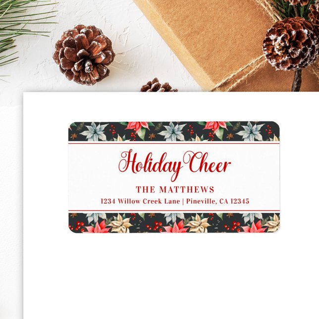 Farmhouse Poinsettia Black Rustic Holiday Cheer Label (Creator Uploaded)