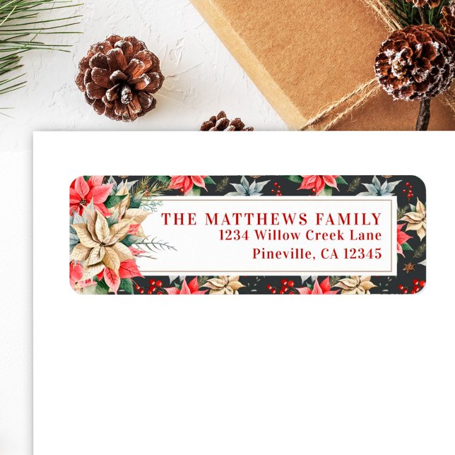 Farmhouse Poinsettia Black Rustic Return Address Label (Creator Uploaded)