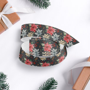 Farmhouse Poinsettia Dark Grey Rustic Christmas Grosgrain Ribbon