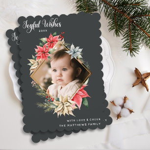 Farmhouse Poinsettia Joyful Wishes Diamond Photo Holiday Card
