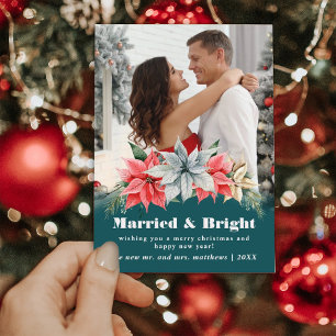 Farmhouse Poinsettia Married & Bright Newlyweds Ho Holiday Card