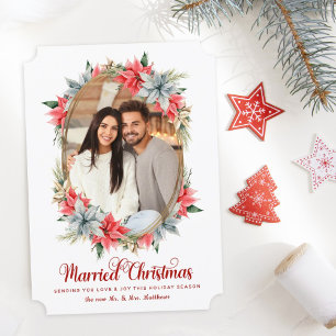 Farmhouse Poinsettia Married Christmas Newlyweds Holiday Card