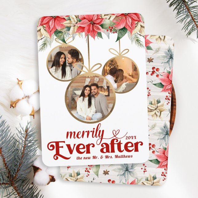Farmhouse Poinsettia Merrily Ever After Newlyweds Holiday Card (Creator Uploaded)