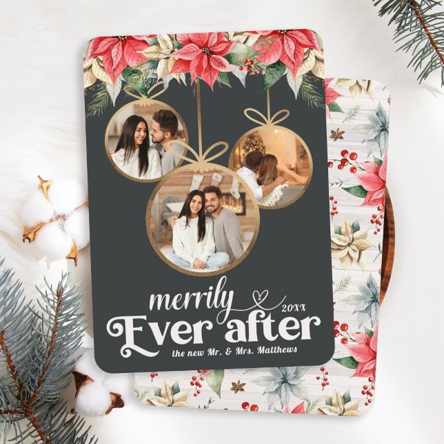 Farmhouse Poinsettia Merrily Ever After Newlyweds Holiday Card (Creator Uploaded)