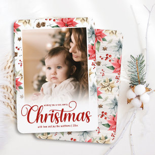 Farmhouse Poinsettia Merry Christmas Family Photo Holiday Card