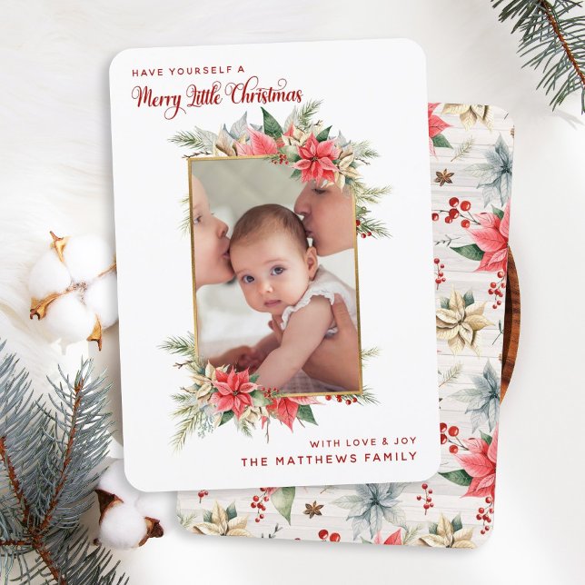 Farmhouse Poinsettia Merry Little Christmas Photo  Holiday Card (Creator Uploaded)