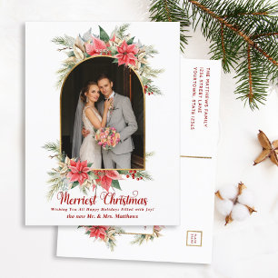 Farmhouse Poinsettia Modern Arched Newlyweds Photo Holiday Postcard