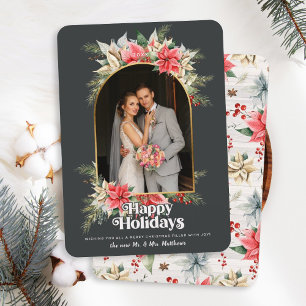 Farmhouse Poinsettia Newlywed Arched Wedding Photo Holiday Card