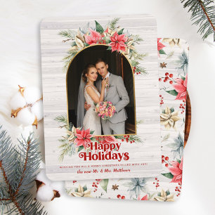 Farmhouse Poinsettia Newlywed Arched Wedding Photo Holiday Card