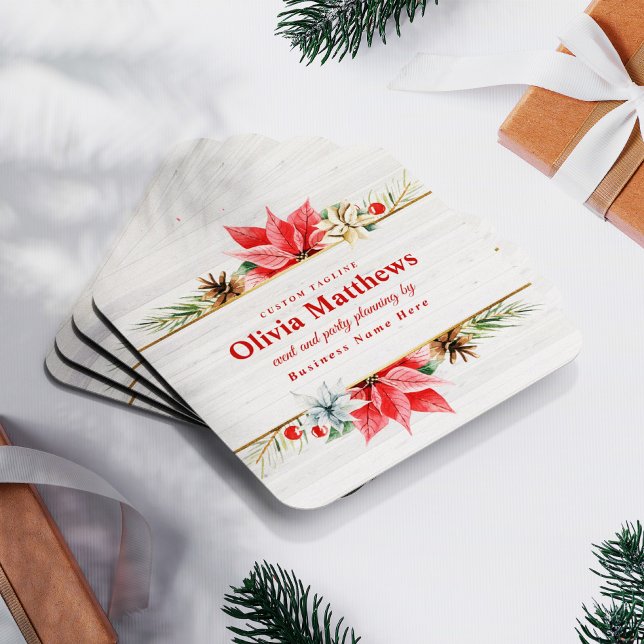 Farmhouse Poinsettia Rustic Chic Wood Square Business Card (Creator Uploaded)