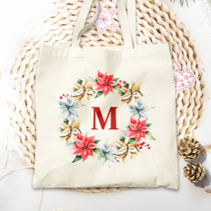 Farmhouse Poinsettia Rustic Winter Wreath Monogram Tote Bag