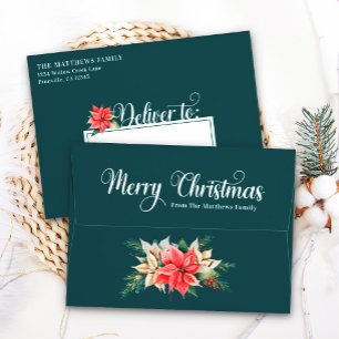 Farmhouse Poinsettia Teal A7 5x7 Christmas Card Envelope