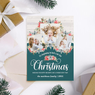 Farmhouse Poinsettia Teal & Wood 3 Photo Collage Holiday Card