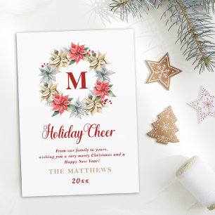 Farmhouse Poinsettia Wreath with Letter Monogram Holiday Card