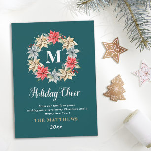 Farmhouse Poinsettia Wreath with Letter Monogram Holiday Card