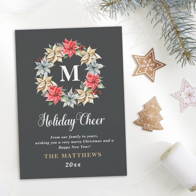 Farmhouse Poinsettia Wreath with Letter Monogram Holiday Card (Creator Uploaded)