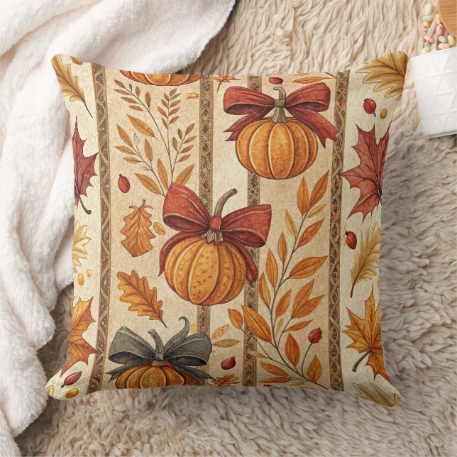 Farmhouse Pumpkin Bow Autumn Pattern Cushion (Blanket)
