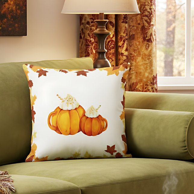 Farmhouse Pumpkin Mug Fall Cosy Accent Cushion (Farmhouse pumpkin accent throw pillow. Decorative pumpkin pillow for fall.)