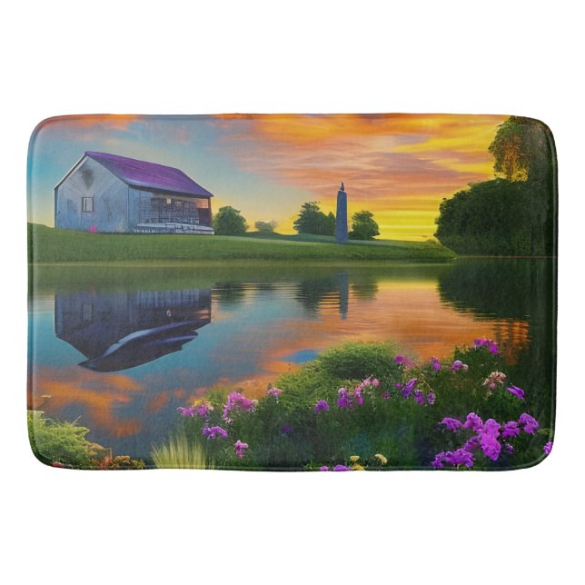 Farmhouse Purple Roof Pond at Sunrise Bath Mat (Front)