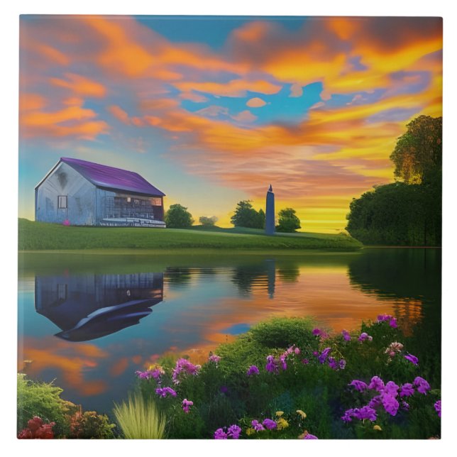 Farmhouse Purple Roof Pond at Sunrise  Ceramic Tile (Front)
