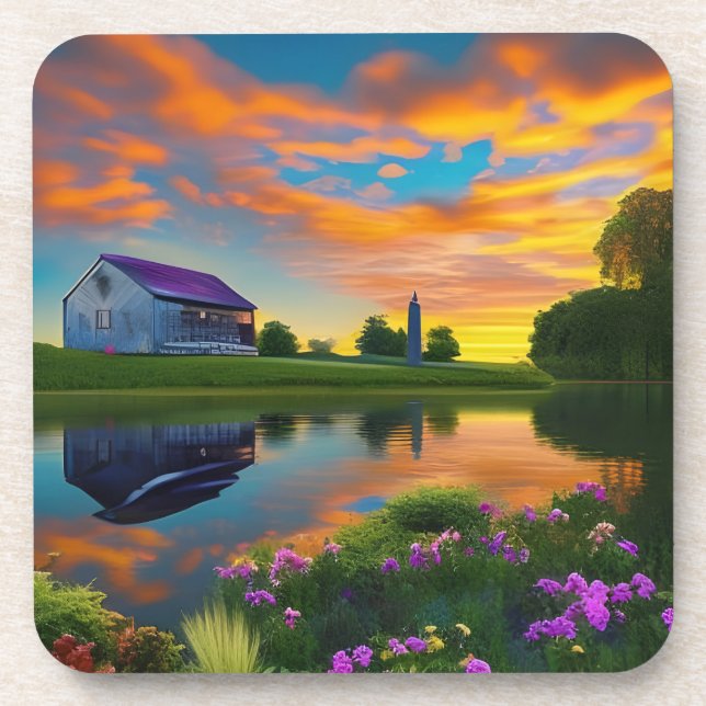 Farmhouse Purple Roof Pond at Sunrise  Coaster (Front)