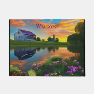 Farmhouse Purple Roof Pond at Sunrise  Doormat