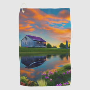 Farmhouse Purple Roof Pond at Sunrise  Golf Towel