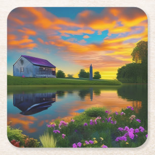 Farmhouse Purple Roof Pond at Sunrise Square Paper Coaster
