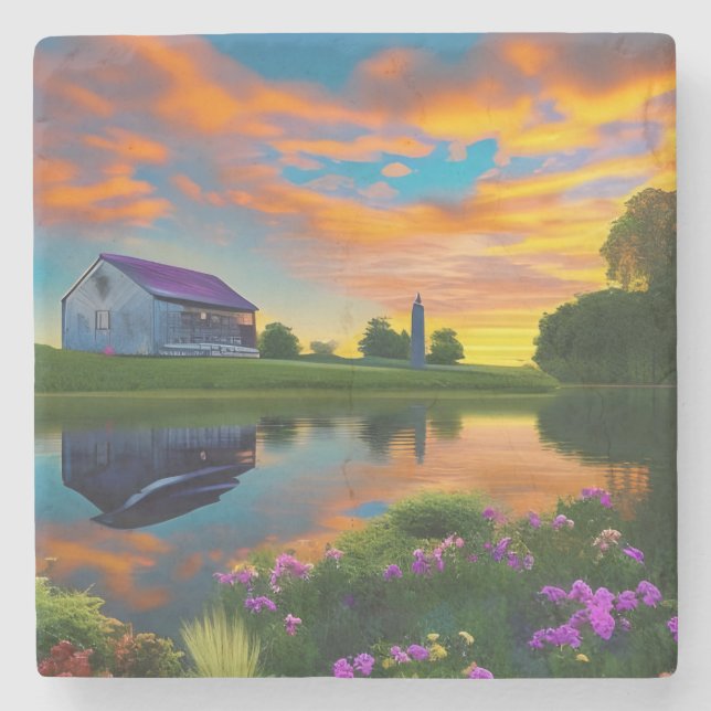 Farmhouse Purple Roof Pond at Sunrise    Stone Coaster (Front)