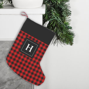 Farmhouse Red Black Buffalo Plaid Monogrammed Small Christmas Stocking