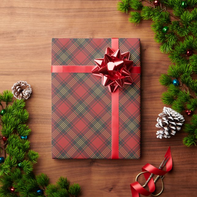 Farmhouse red black gold diagonal plaid pattern wrapping paper (Holiday Gift)